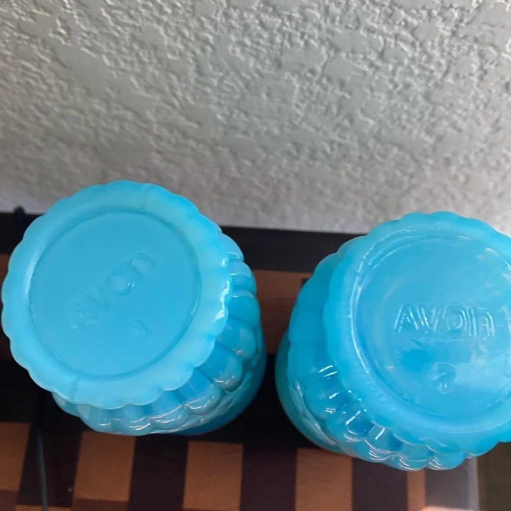 2 Vintage Avon Bristol Blue Milk Glass Embossed Art Deco Scroll Vanity Vases 5”